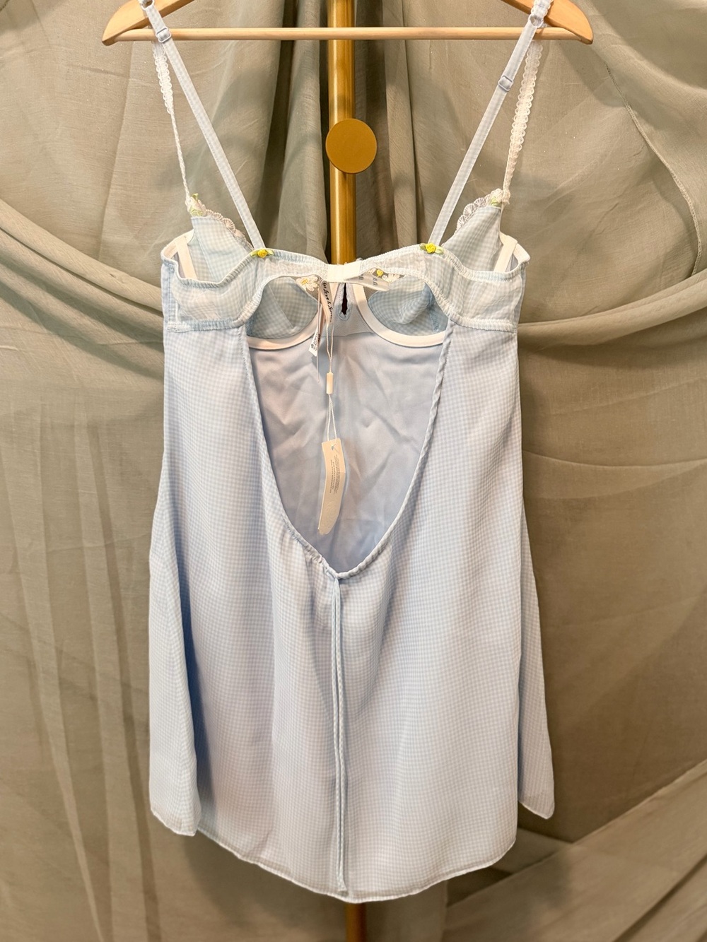 For Love & Lemons Pale Blue Gingham Floral-Embroidered Lingerie - Picture 5 of 7
